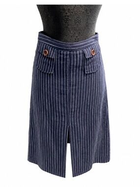 Line and Dot Linen and Cotton Pin Striped Skirt Lined Size Small Wood Buttons